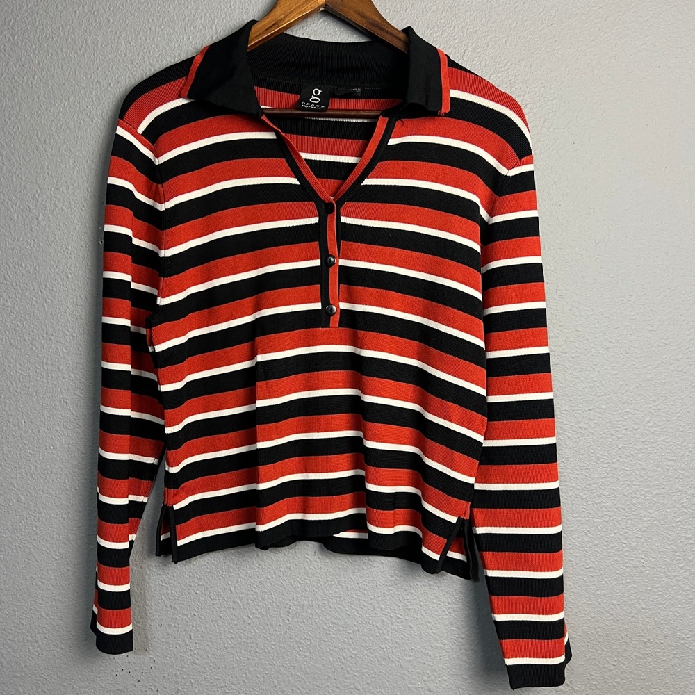 Grace Knitwear XL Striped Knit Top Red Black White‎ Long Sleeve Polo Academia